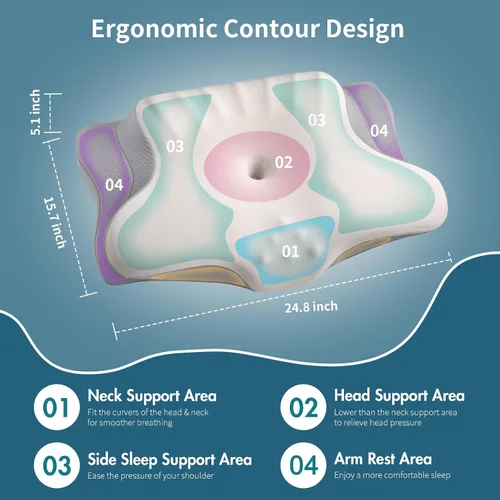 Miniatura 4 de Ylekto Almohada cervical para el cuello para aliviar el dolor, almohada ergonómica para dormir de lado para dormir, almohadas de espuma Gris claro