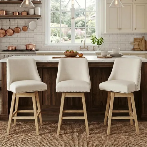 Miniatura 2 de Taburetes de Bar de Altura de Mostrador de 27.5 Pulgadas Taburetes de Cocina de Lino Modernos de Mediados de Siglo con Respaldo Patas de Madera Lino