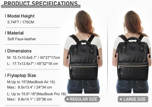 Miniatura 4 de Kah&Kee - Mochila de cuero con compartimento para laptop, ideal para viajes, escuela, para mujeres y hombres, Negro), PU1211