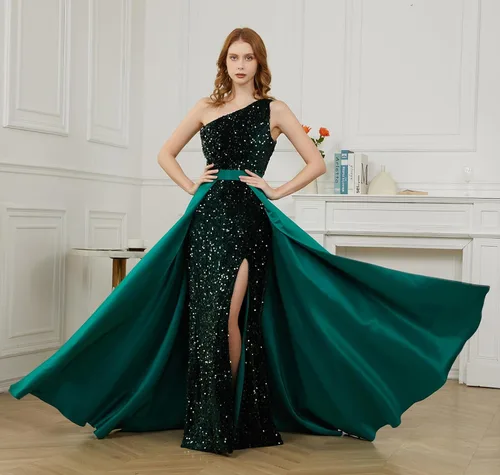 Miniatura 7 de Vestidos de fiesta de lentejuelas de un hombro 2024, vestidos largos de satén para mujer, vestidos de noche formales de sirena brillante con abertura
