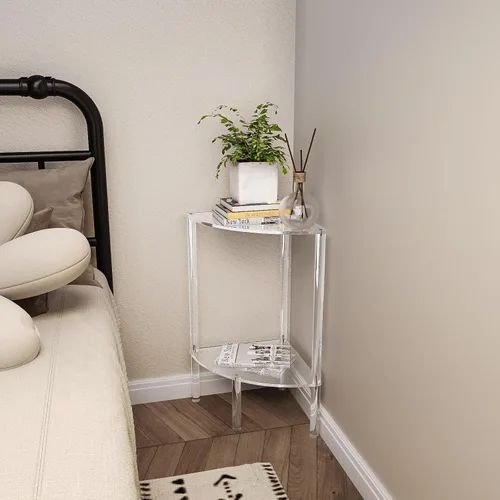 Miniatura 6 de Eglaf - Mesa auxiliar de esquina acrílica de 2 niveles, mesa auxiliar transparente Triangle Side Table, Fan-Shaped Corner Table for Living Room