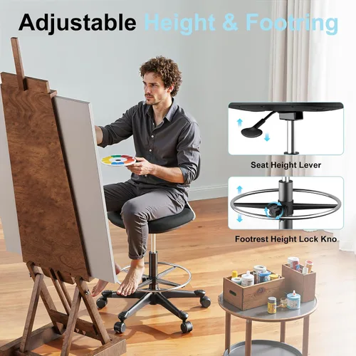 Miniatura 5 de Silla de dibujo con rueda de gravedad de bloqueo automático, silla de escritorio de pie ajustable en altura, taburete de dibujo alto, con respaldo