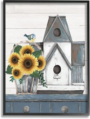 Miniatura 9 de Stupell Industries Country Counter Birdhouse - Arte de pared con marco blanco tradicional de girasol, naturaleza muerta, 11 x 14, gris Stupell