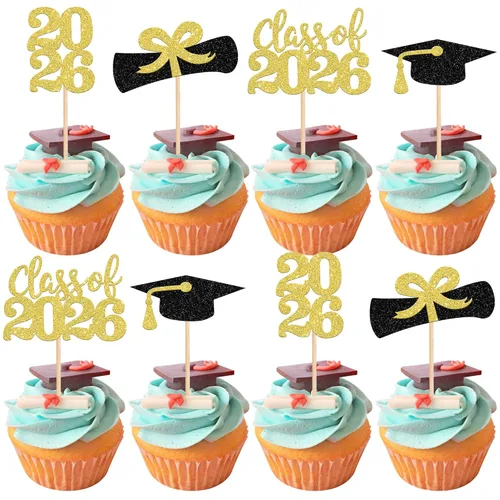 Miniatura 23 de 36 piezas con purpurina 2026 temática de graduación 2026 para cupcakes, diploma de clase de 2026, para graduación de 2026, suministros de decoración