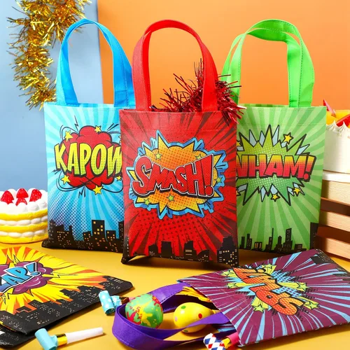 Miniatura 4 de Photect 24 bolsas de recuerdo de fiesta de héroe con temática de héroe, decoraciones de fiesta de cumpleaños, no tejidas, reutilizables, bolsa