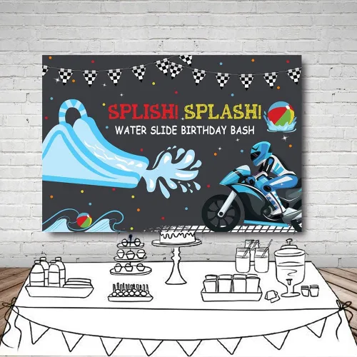 Miniatura 4 de MEHOFOND 7 x 5 pies para niños, tobogán acuático, telón de fondo para fiesta de cumpleaños, fiesta de piscina, motocross, bday, verano, natación