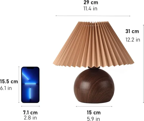 Miniatura 2 de KUNJOULAM Lámpara de mesa plisada retro, moderna lámpara de mesita de noche con pantalla marrón, base de metal de 5.9 pulgadas para dormitorio