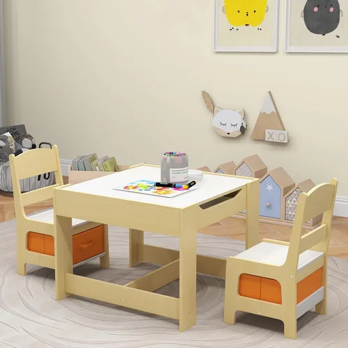 Costzon - Juego de mesa y sillas para niños, escritorio de actividades multifuncional de madera para niños pequeños con mesa reversible, cajones de