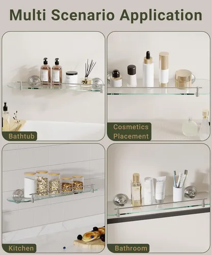 Miniatura 6 de Estante de vidrio de 20 pulgadas para baño, estantes de vidrio de baño de níquel cepillado montados en la pared, estantes de vidrio flotantes