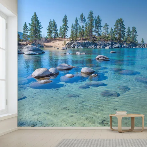 Miniatura 2 de wall26 Paisaje del lago con agua cristalina y piedras y pinos. Mural de pared removible autoadhesivo - 100"x144" Hermosa agua azul clara