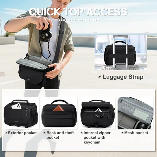 Miniatura 3 de RAINSMORE Bolsa para cámara, pequeña, de bandolera, para cámara DSLR/SLR/sin espejo, bolsa de hombro impermeable con soporte para trípode y cubierta