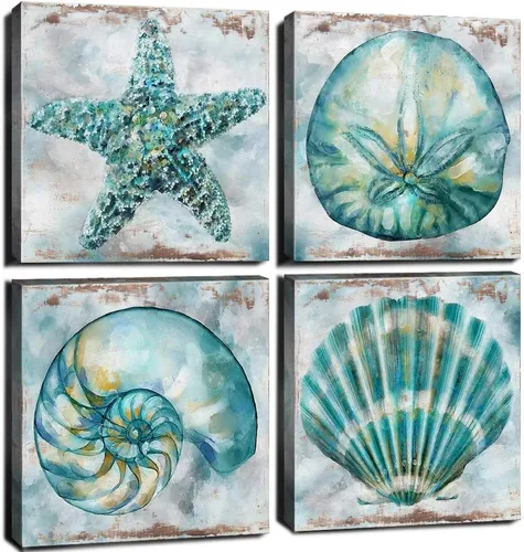 Miniatura 20 de YOOOAHU - 4 unidades de arte de pared de impresión en lienzo con diseño de océano, animales marinos, tortuga marina, caballito de mar, ballena, Verde