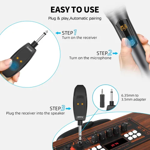 Miniatura 7 de Aveek Micrófono inalámbrico para karaoke, micrófono recargable de karaoke de 2.4GHz (funciona 10hs), para altavoz, máquina de karaoke, iglesia, gris