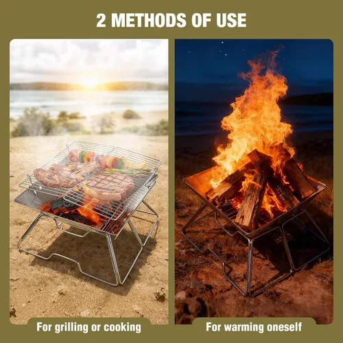 Miniatura 8 de Fogata portátil con parrilla para campamento, hoguera plegable de alta resistencia con parrilla de fogata y bolsa de transporte para exteriores