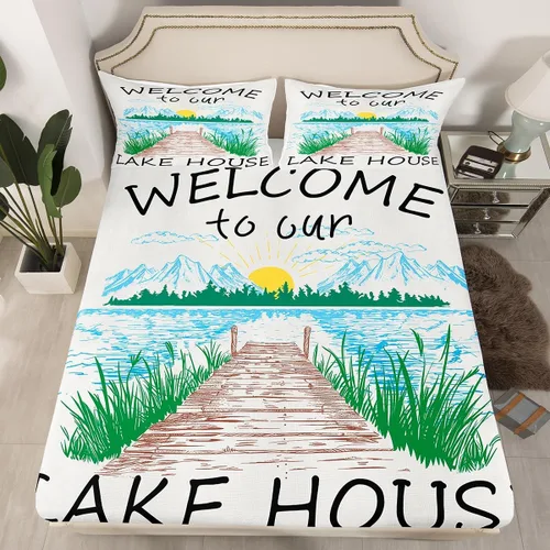 Lake House Sábanas bajeras tamaño individual, sábana dibujada a mano con paisaje de lago y montaña para niños, niñas, niños y adultos, decoración de