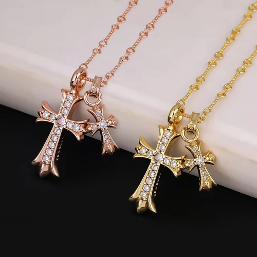 Miniatura 5 de Collar de cruz chapado en oro de 14 quilatesplata de ley con colgante de doble cruz CZ, collares de cruz de circonita cúbica para mujeres, hombres