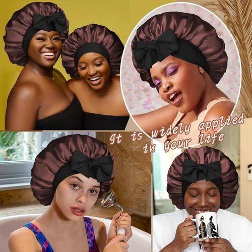 Miniatura 7 de Gorro de satén de seda para dormir, gorro de seda de doble capa con banda elástica para cabello rizado Negro+marrón