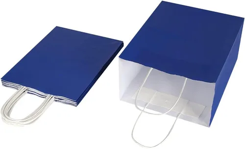 Miniatura 4 de Oikss Paquete de 100 bolsas de papel kraft medianas de 8 x 4.75 x 10 pulgadas con asas a granel para cumpleaños, bodas, fiestas, comestibles, Azul
