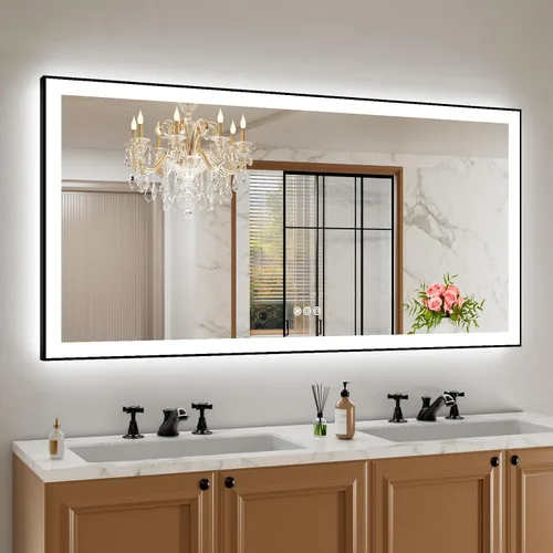 Miniatura 49 de Amorho Espejo de baño LED de 24 x 32 pulgadas con luces, iluminación frontal y retroiluminación, regulable continuamente, antiniebla, vidrio Frente