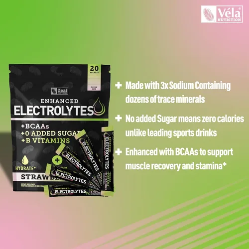 Miniatura 6 de Paquetes de electrolitos mejorados en polvo (fresa y kiwi 20 paquetes) con 0 azúcar+BCAA + suplemento de electrolitos de vitaminas B con zinc