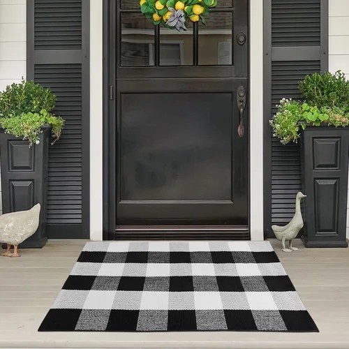 Miniatura 53 de Alfombra de Exterior de Cuadros Buffalo 2x3 pies, Alfombra Tejida de Algodón Negro y Blanco Roto, Tapetes para Puerta de Porche Frontal, Alfombra