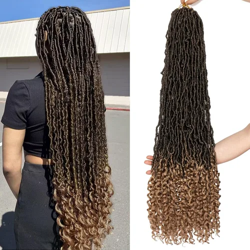 Miniatura 40 de Leeven 7 paquetes de rastas sintéticas con extremos rizados de 18 pulgadas, rastas de diosa preenrolladas para cabello de ganchillo, 84 hebras 1b#