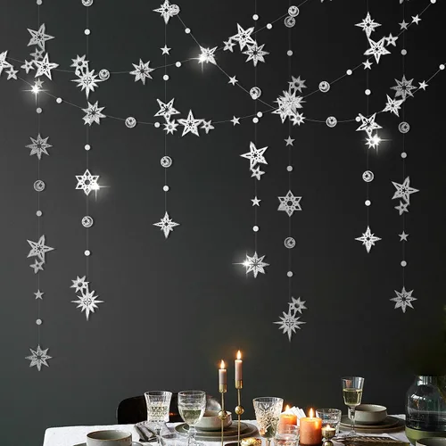 Miniatura 9 de Cheerland Guirnalda de Purpurina de Estrella y Luna Azul Decoraciones de Fiesta País de las Maravillas Invernal Baby Shower Serpentinas al Aire