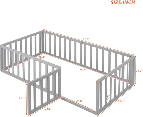 Miniatura 2 de Cama Montessori de suelo individual con puerta y valla para niños, marco de cama Montessori bajo de madera maciza con barandillas de seguridad