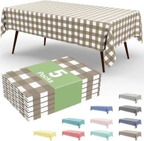 Miniatura 92 de Smiry Paquete de 3 Manteles Desechables de Cuadros Gingham Color Caqui - 54" x 72" Mantel de Plástico de Servicio Pesado, Cubiertas de Mesa