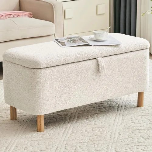 Miniatura 13 de Banco otomano de almacenamiento Boucle para dormitorio al pie de la cama, asiento tapizado en sherpa con almacenamiento para zapatos para entrada