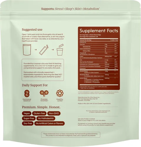 Miniatura 10 de milamend Balance hormonal para mujeres 40:1 Myo-inositol D-Chiro Inositol Suplemento + CoQ10, ALA y aminoácidos – Fertilidad, Ovario y Ciclo – Polvo