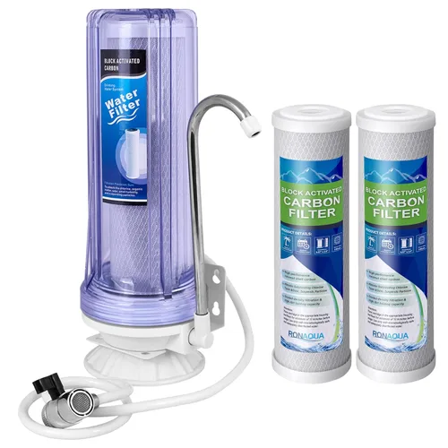 El sistema de filtración de agua potable de una etapa para encimera elimina el cloro, la carcasa transparente y el suministro anual (2 extra)