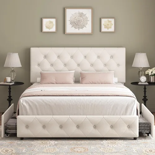 Miniatura 3 de Keyluv - Base de cama tapizada moderna con 4 cajones, diseño de cabecera con botones, soporte de listones de madera maciza, fácil montaje, tela