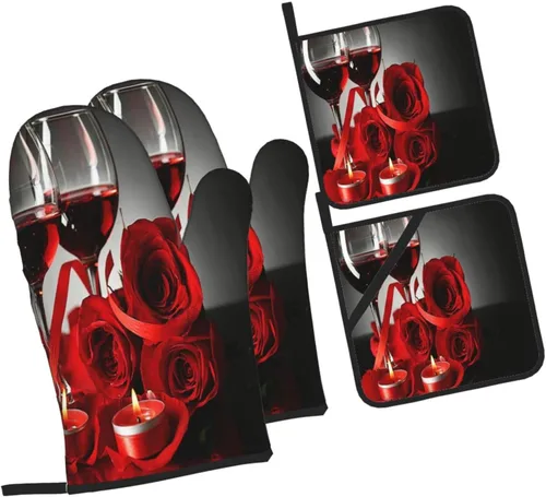 Miniatura 2 de Juego de 4 guantes de horno para copas de vino y velas de vino y soportes para ollas, juego de guantes de cocina resistentes al calor para cocina