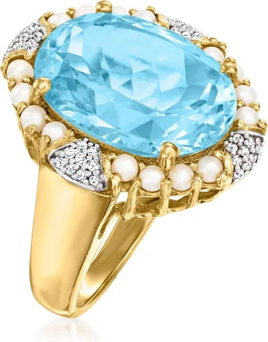 Miniatura 3 de Ross-Simons Anillo de topacio azul cielo de 11.00 quilates con diamantes y perlas de semillas de 0.10 quilates en oro de 18 quilates sobre plata