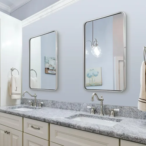 Miniatura 3 de ANDY STAR Espejo de Baño Cromado, 22x30'' Rectángulo Redondeado Espejo de Níquel Pulido para Tocador, SUS304-Anti-Óxido, Montado en Pared Cromo