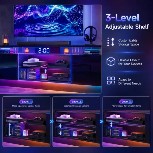 Miniatura 6 de Soporte de TV de alto brillo de 70 pulgadas con 2 armarios laterales, consola de TV moderna y elegante con luces LED de 3 capas, consola multimedia