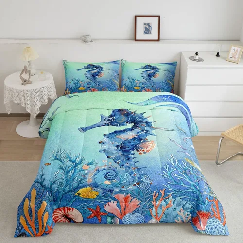 Miniatura 20 de Juego de edredón de ballena individual, juegos de ropa de cama retro con temática náutica para decoración de dormitorio, edredón de plumón de vida