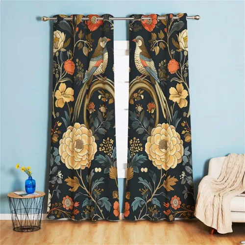 Miniatura 8 de Koudi Cortinas opacas con diseño de pájaros y flores, cortinas de oscurecimiento con ojales, paneles de cortina con aislamiento térmico