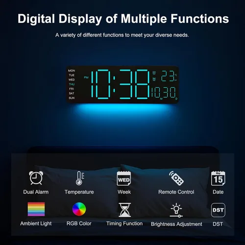 Miniatura 4 de JoFomp Reloj de pared digital LED RGB de 12 pulgadas con control remoto, pantalla de segundos, reloj despertador digital enchufable con brillo