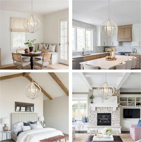 Miniatura 7 de Lámpara de araña blanca para comedor - Lámpara colgante moderna de 4 luces, luces colgantes de madera rústica para cocina, isla, sala de estar