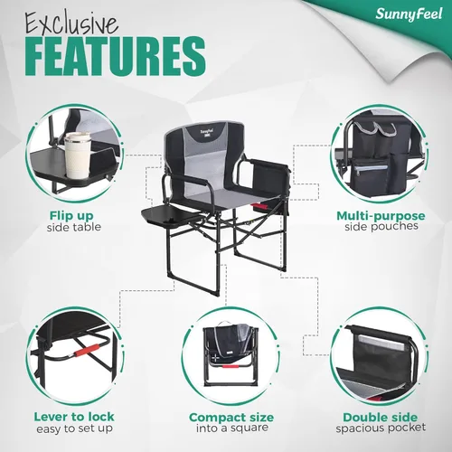 Miniatura 6 de SUNNYFEEL Silla de directores de campamento de gran tamaño de 500 libras resistente, silla plegable portátil con mesa auxiliar, bolsillo para playa