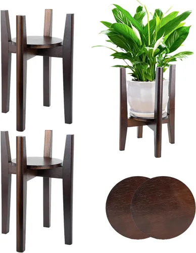Miniatura 9 de Soporte ajustable para plantas con bandeja, soporte de madera para plantas de interior para macetas de 8 a 12 pulgadas, moderno soporte para macetas