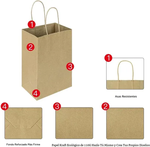 Miniatura 3 de Oikss Paquete de 100 bolsas pequeñas de papel kraft natural liso de 5.25 x 3.25 x 8.25 pulgadas, con asas, a granel para fiestas de cumpleaños
