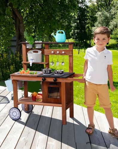 Miniatura 9 de ROBUD Cocina de barro para niños al aire libre con ruedas, cocina de madera al aire libre, cocina de barro para niños con fregadero y grifo