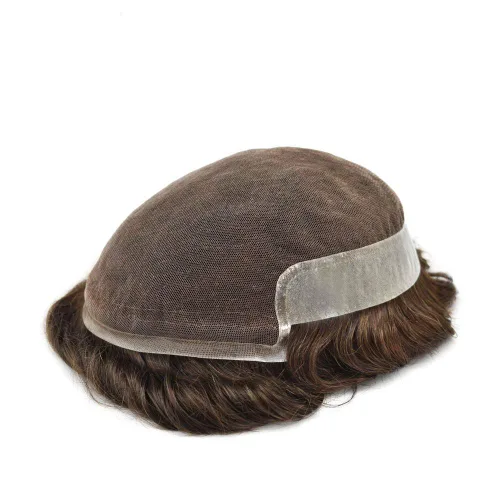 Miniatura 7 de Pelo humano para hombre Toupee French Lace Front Natural Hairline postizos de color marrón medio sistema de reemplazo de cabello virginal