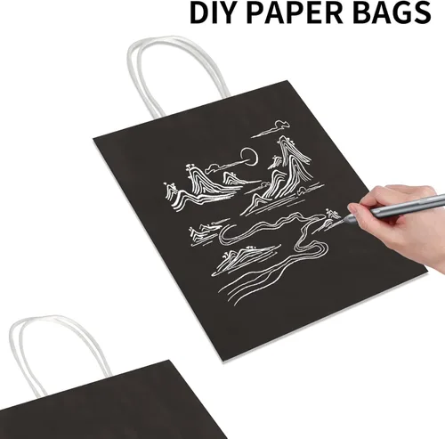 Miniatura 5 de Toovip Paquete de 100 bolsas de papel kraft negras medianas de 8 x 4.75 x 10 pulgadas con asas a granel, bolsas de regalo para regalos