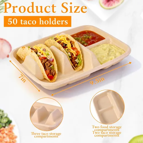 Miniatura 3 de tchrules 25 platos de tacos desechables para 2 tacos y 2 lados, soportes de papel prémium para tacos de martes y bar, suministros de decoración (25)