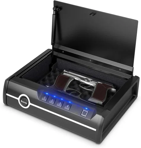 COSTWAY Caja fuerte para armas, acceso rápido con identificación biométrica de huellas dactilares, contraseña y llaves de respaldo, acero