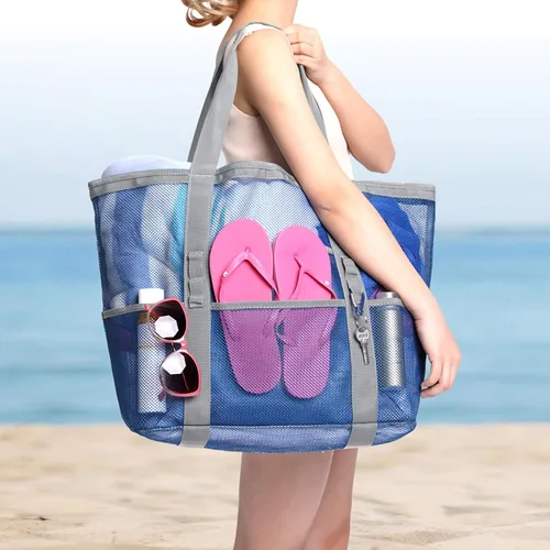Miniatura 2 de F-color Bolsa de playa, bolsa de playa de malla de gran tamaño, 9 bolsillos, bolsa de toalla de playa